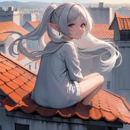 32851-828091798-Digital art, masterpiece A detailed and cinematic wallpaper, a girl Frieren with a gentle smile sitting on rooftop, silver hair_.png